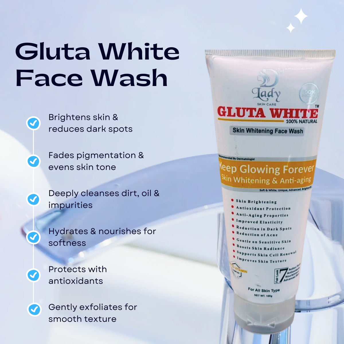 Gluta White Skin Whitening Face Wash | 7-in-1 Brightening & Anti-Aging Formula
