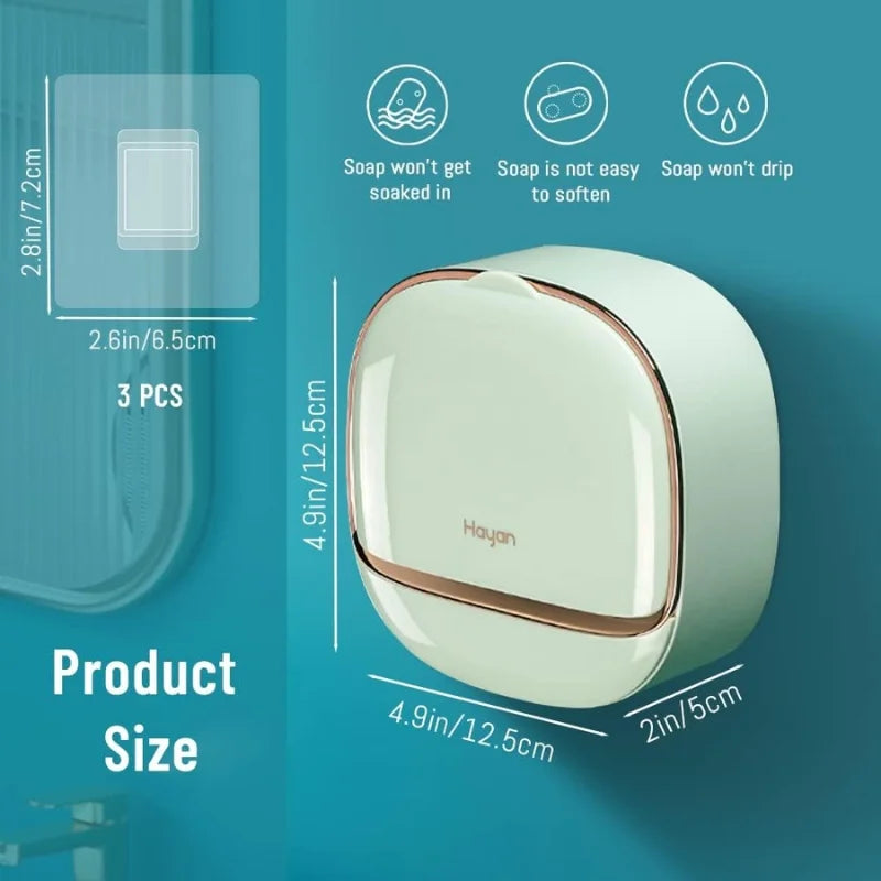 Light Green | Self-Adhesive Wall-Mounted Luxury Soap Holder with Lid and Drainage Tray