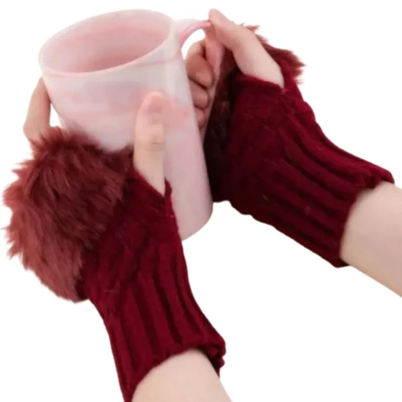 Women’s Faux Fur Fingerless Knitted Gloves | Warm Winter Hand Wrist Warmers | Soft, Stylish & Comfortable | Maroon