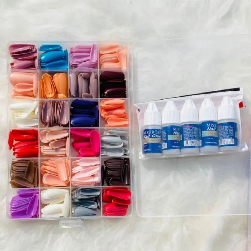 Multicolor Acrylic Artificial Nails Kit |  Full Cover Nails with Glue | 24 Shades | 576 Pcs