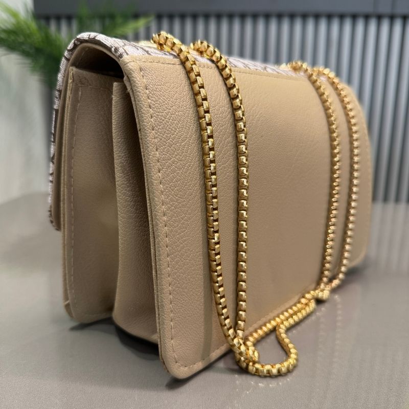 Beige | Oblique-Print Canvas & Leather Flap Clutch | Luxury Designer Handbag for Women