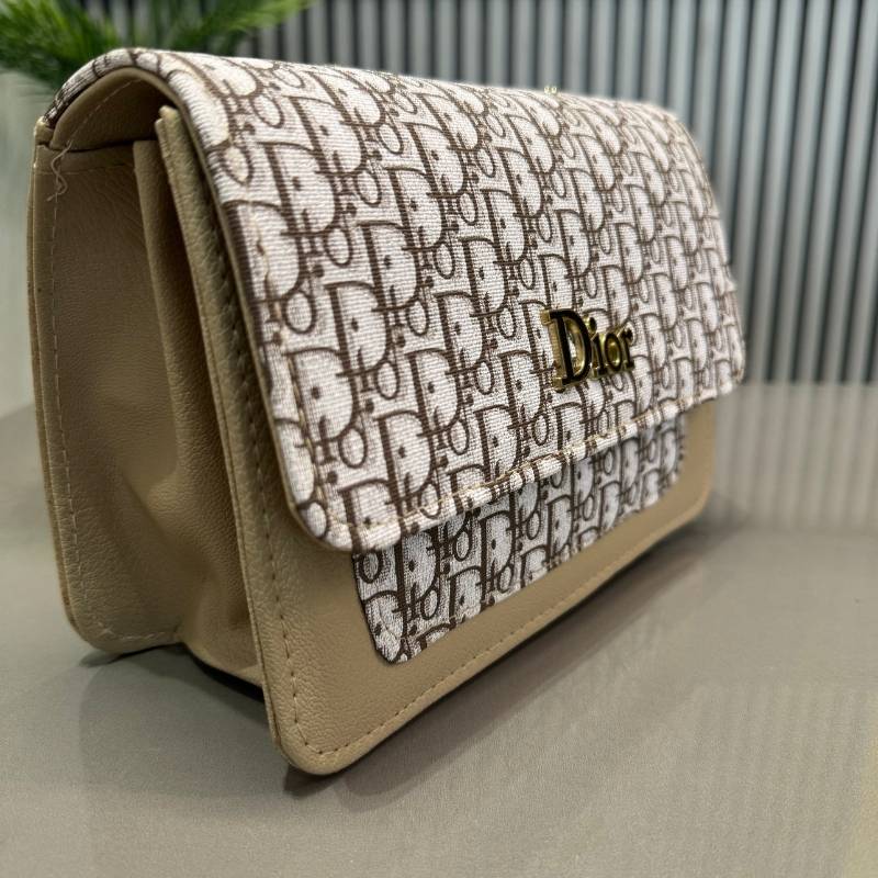 Beige | Oblique-Print Canvas & Leather Flap Clutch | Luxury Designer Handbag for Women