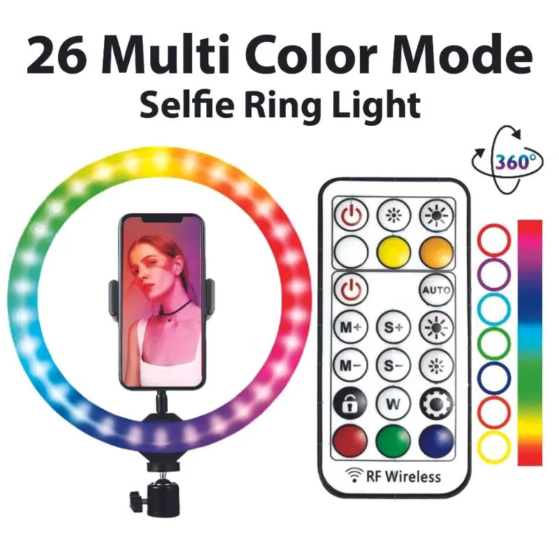 MJ26 RGB LED Ring Light 26cm with Tripod, Phone Holder & 360° Color Modes