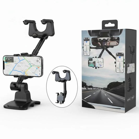 360° Rotatable & Retractable Rearview Mirror Phone Holder | Safe & Convenient Driving Mount
