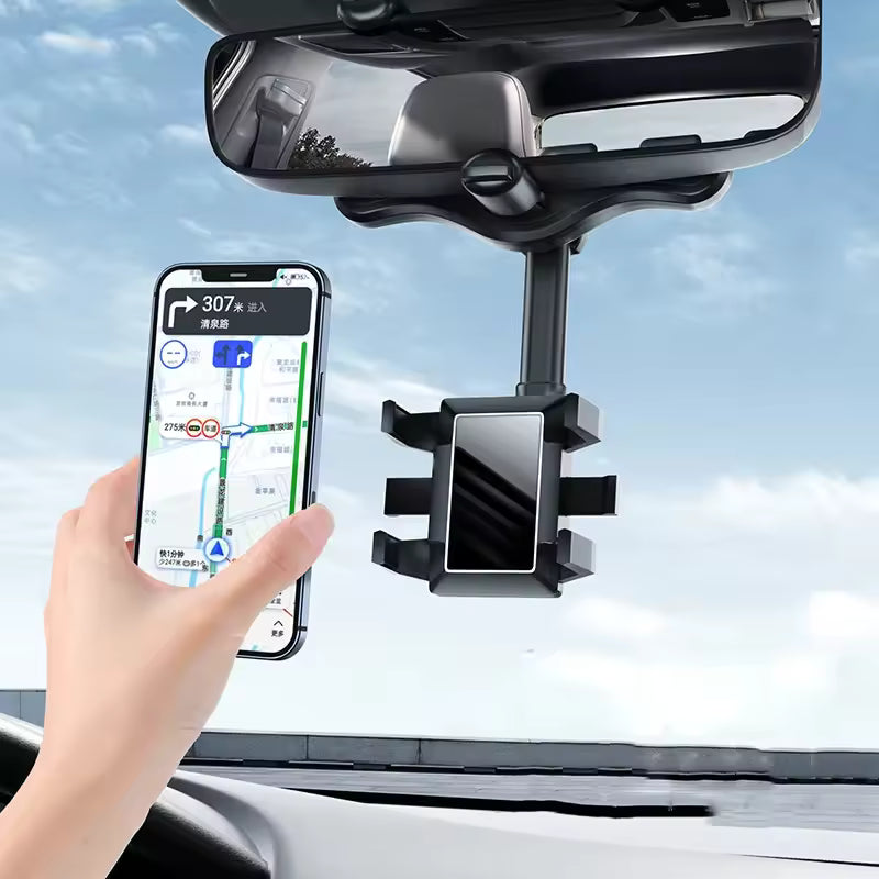 360° Rotatable & Retractable Rearview Mirror Phone Holder | Safe & Convenient Driving Mount