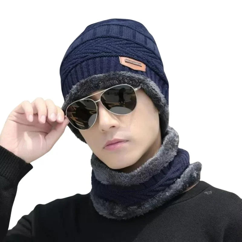 Winter Wool Cap with Neck Warmer Set | Thermal Beanie & Scarf Combo for Men and Women | Blue And Gray