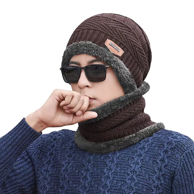 Winter Wool Cap with Neck Warmer Set | Thermal Beanie & Scarf Combo for Men and Women | Brown And Gray
