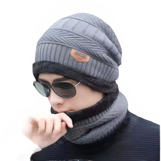 Winter Wool Cap with Neck Warmer Set | Thermal Beanie & Scarf Combo for Men and Women |  Gray