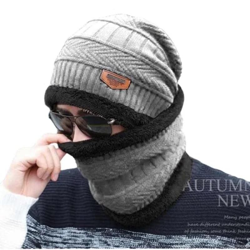 Winter Wool Cap with Neck Warmer Set | Thermal Beanie & Scarf Combo for Men and Women |  Gray