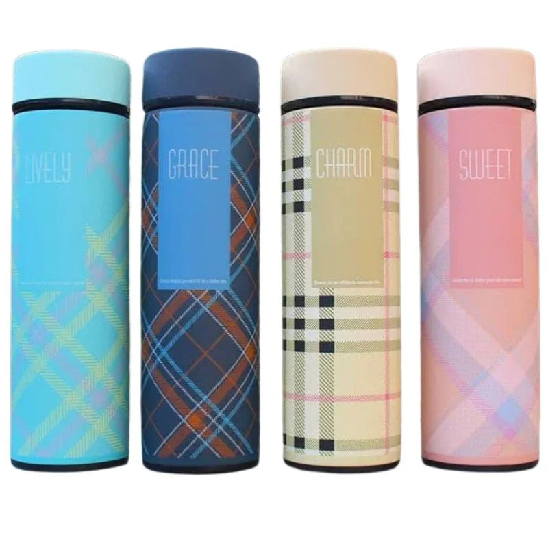 LED Temperature Display Water Bottle | Checkered Design  | Smart Stainless Steel Vacuum 500ml Flask | Random Color