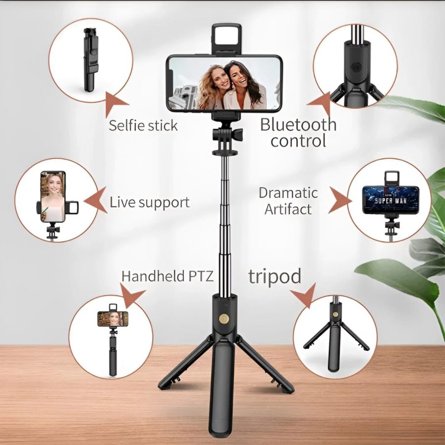R1s Bluetooth Selfie Stick Tripod with Remote | 360° Foldable Phone & Action Camera Stand with LED Light